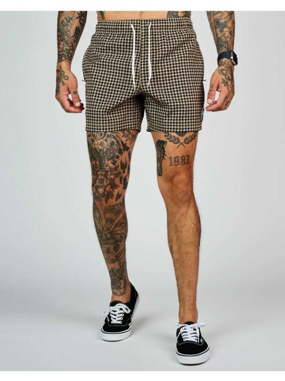 Cove Houndstooth Drawstring Athletic Shorts - Black & Brown